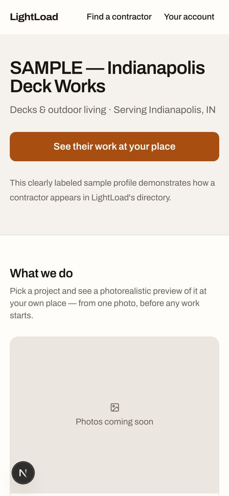The sample storefront on a phone: the contractor's name and service area, a See their work at your place button, and the first project card